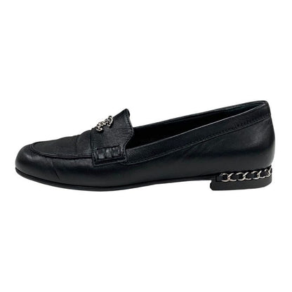 Chanel Loafer Leather Shoes Leather Black Silver Here Mark Chain Flat Shoes