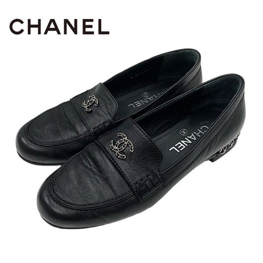 Chanel Loafer Leather Shoes Leather Black Silver Here Mark Chain Flat Shoes