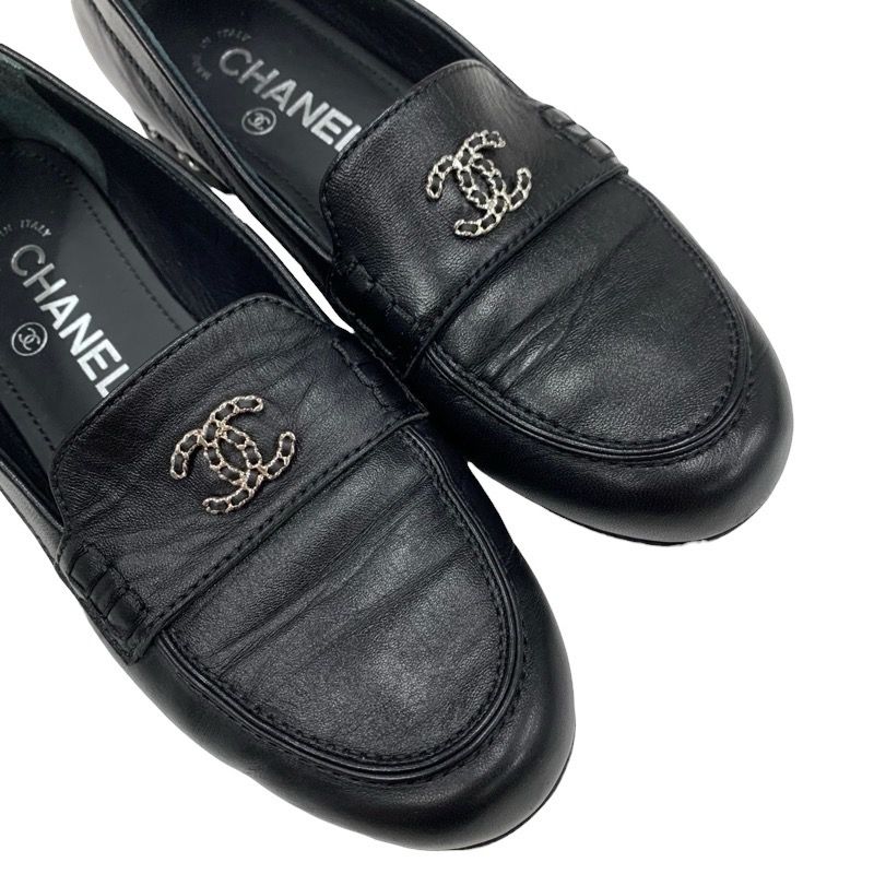 Chanel Loafer Leather Shoes Leather Black Silver Here Mark Chain Flat Shoes