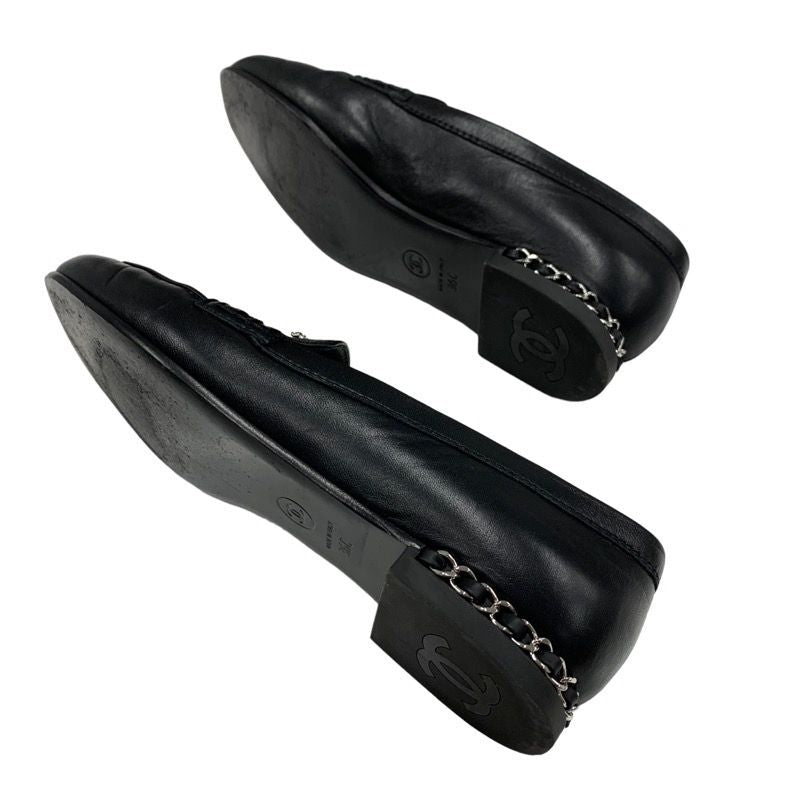 Chanel Loafer Leather Shoes Leather Black Silver Here Mark Chain Flat Shoes