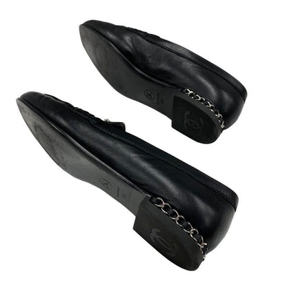 Chanel Loafer Leather Shoes Leather Black Silver Here Mark Chain Flat Shoes
