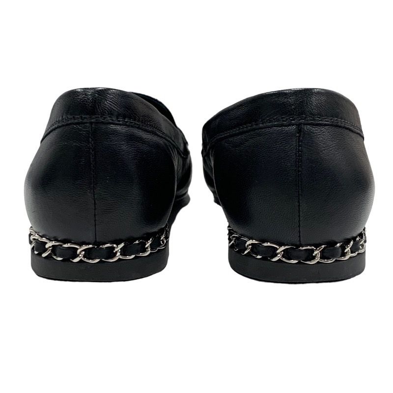 Chanel Loafer Leather Shoes Leather Black Silver Here Mark Chain Flat Shoes