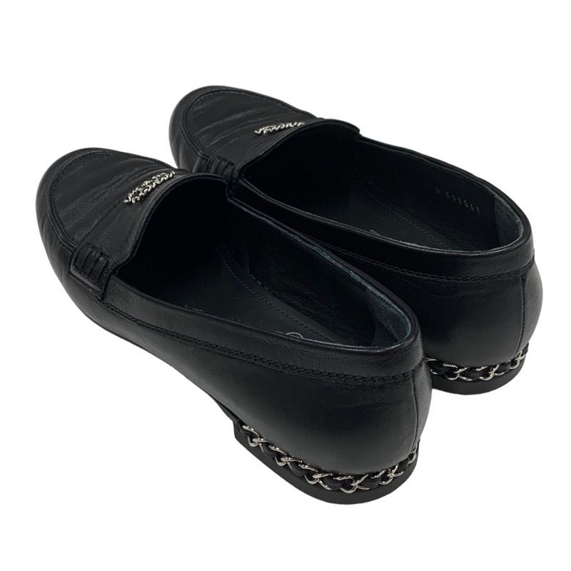 Chanel Loafer Leather Shoes Leather Black Silver Here Mark Chain Flat Shoes