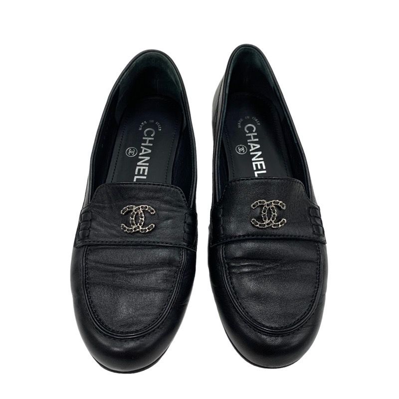 Chanel Loafer Leather Shoes Leather Black Silver Here Mark Chain Flat Shoes