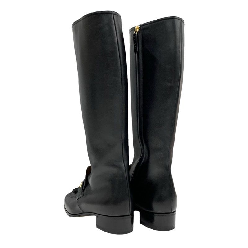 Gucci Boots Long Boots Shoes Leather Black Gold Tassel Sherry Line