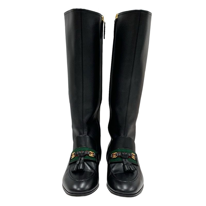 Gucci Boots Long Boots Shoes Leather Black Gold Tassel Sherry Line