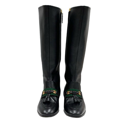 Gucci Boots Long Boots Shoes Leather Black Gold Tassel Sherry Line
