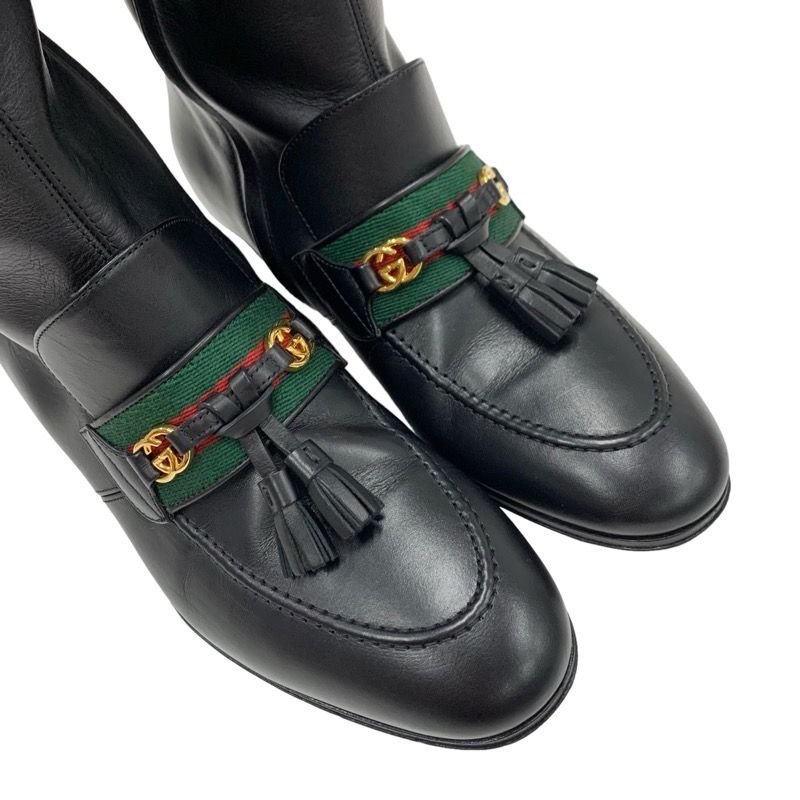 Gucci Boots Long Boots Shoes Leather Black Gold Tassel Sherry Line