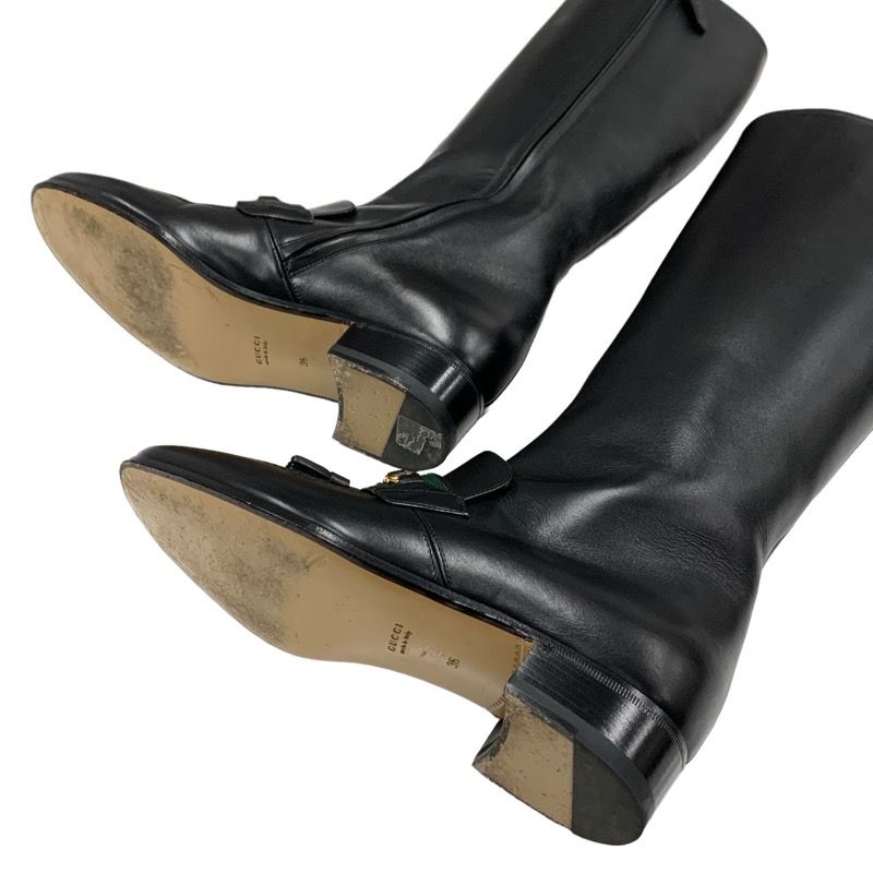 Gucci Boots Long Boots Shoes Leather Black Gold Tassel Sherry Line