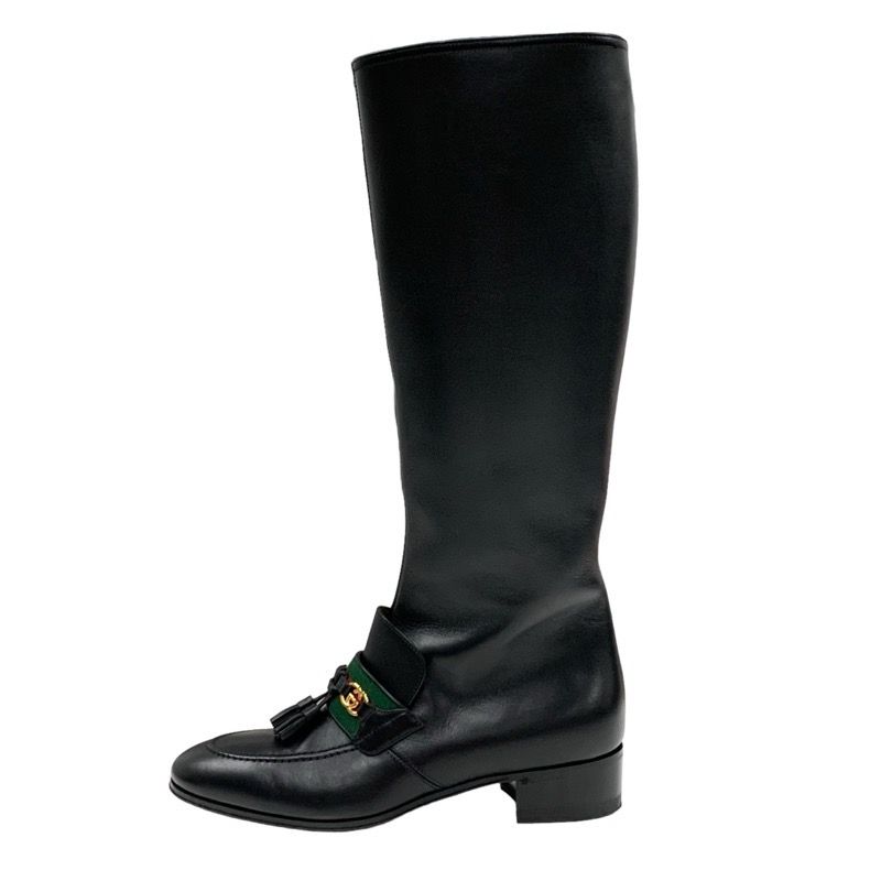 Gucci Boots Long Boots Shoes Leather Black Gold Tassel Sherry Line