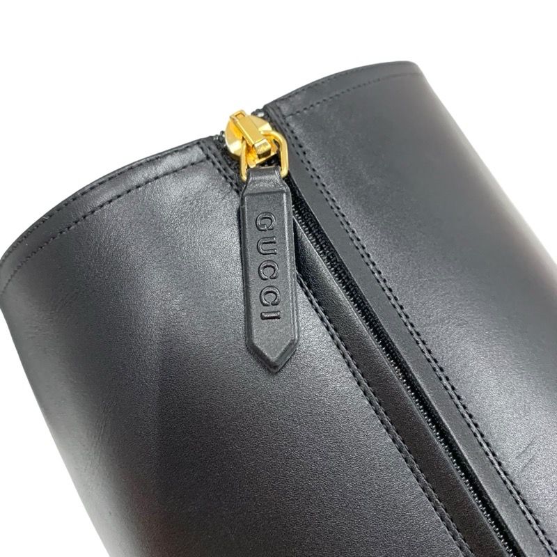 Gucci Boots Long Boots Shoes Leather Black Gold Tassel Sherry Line