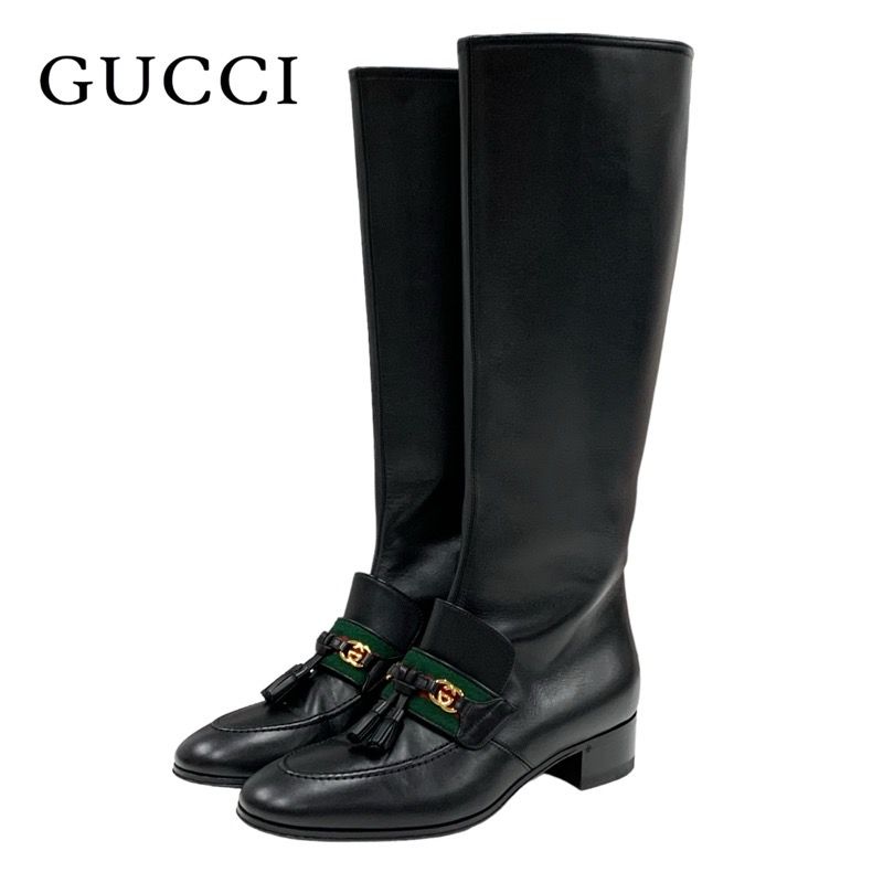 Gucci Boots Long Boots Shoes Leather Black Gold Tassel Sherry Line