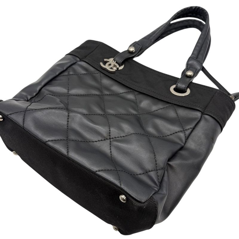 3420 Chanel Tote Paris Biarritz Tote PM A34208 Coated Canvas Black Silver