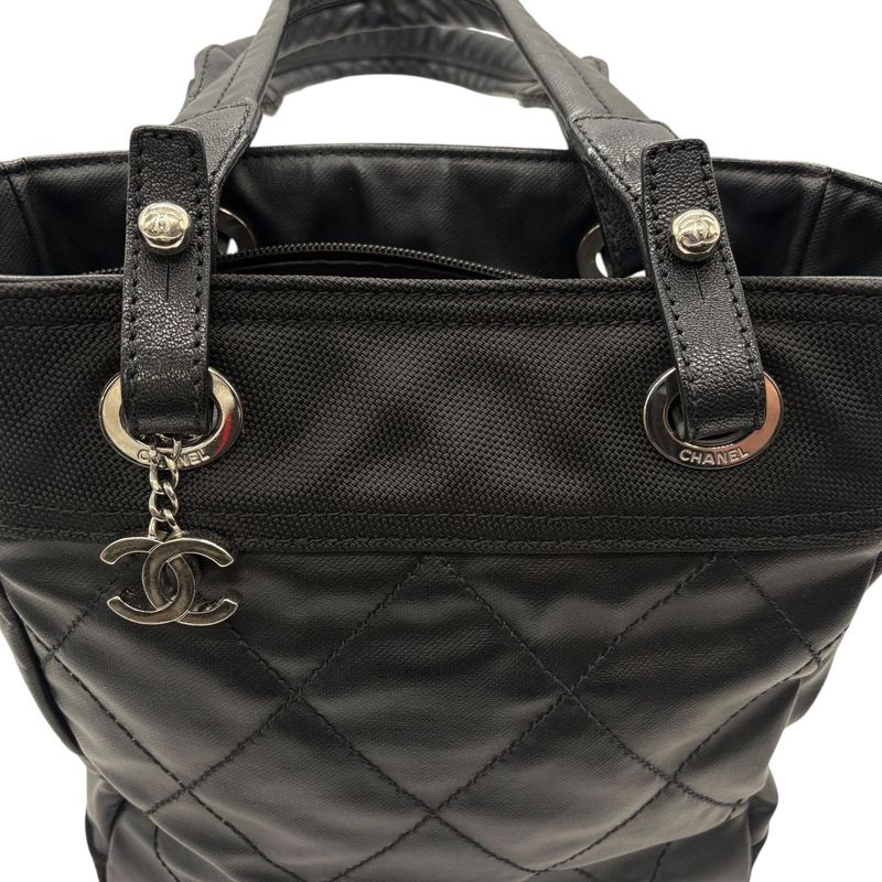 3420 Chanel Tote Paris Biarritz Tote PM A34208 Coated Canvas Black Silver