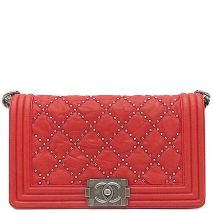Chanel Shoulder Bag Boy Chanel Calfskin Red Silver Hardware Studs Red Shoulder