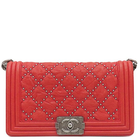 Chanel Shoulder Bag Boy Chanel Calfskin Red Silver Hardware Studs Red Shoulder
