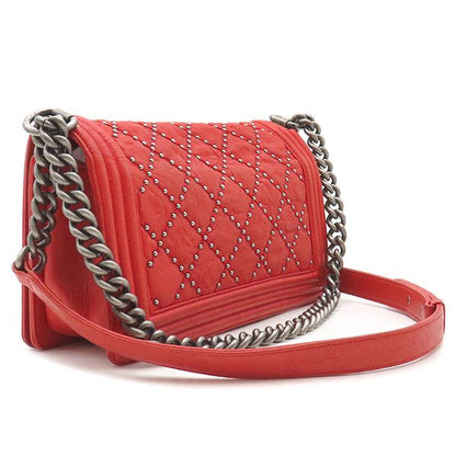 Chanel Shoulder Bag Boy Chanel Calfskin Red Silver Hardware Studs Red Shoulder
