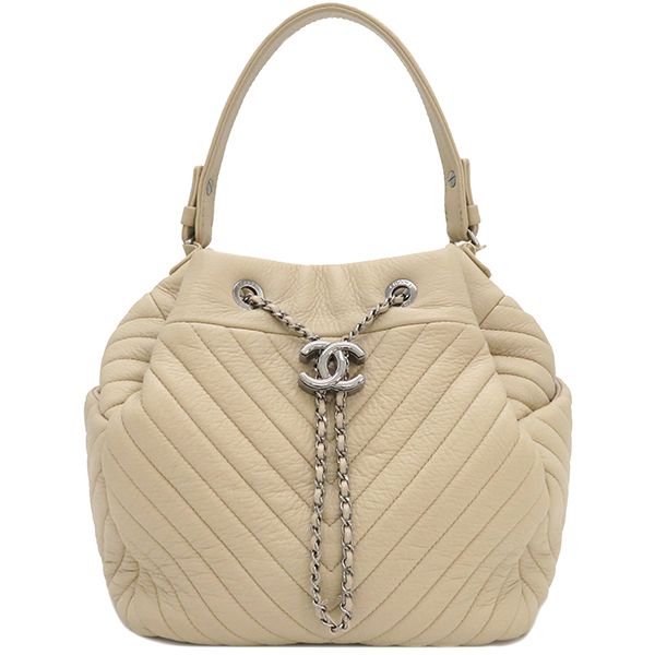 Chanel 2way Bag Chevron Draw String Bag Leather Beige Gunmetal Hardware Coco