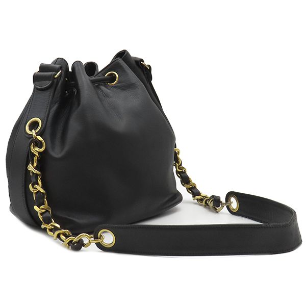 Chanel Shoulder Bag Draw String Shoulder Bag Lambskin Black Gold Hardware Black