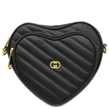 Gucci Shoulder Bag Interlocking G Heart Shoulder Leather Black Gold Hardware