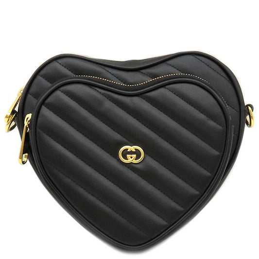 Gucci Shoulder Bag Interlocking G Heart Shoulder Leather Black Gold Hardware