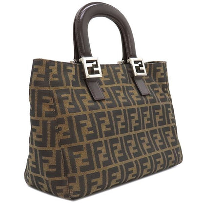 Fendi Handbag Zucca Canvas Leather Brown and Dark Brown Silver Hardware Brown