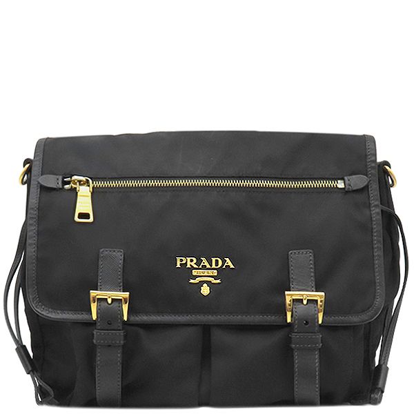 Prada Shoulder Bag Metal Logo Nylon Leather Black Gold Hardware Black Bt0687