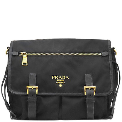 Prada Shoulder Bag Metal Logo Nylon Leather Black Gold Hardware Black Bt0687