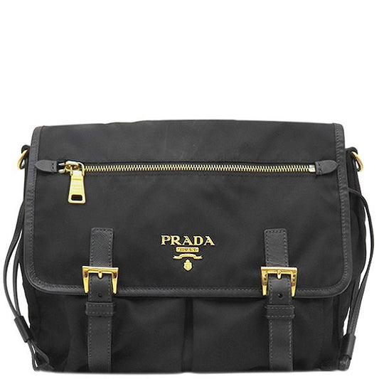 Prada Shoulder Bag Metal Logo Nylon Leather Black Gold Hardware Black Bt0687