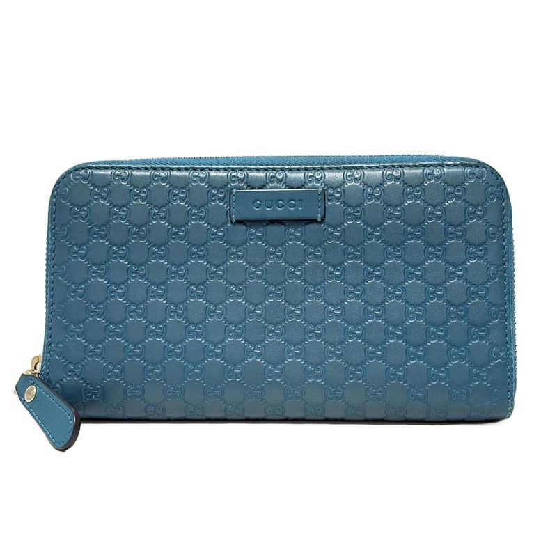 Gucci Micro Guccissima 449391 Blue Green Round Zipper Leather Long Wallet