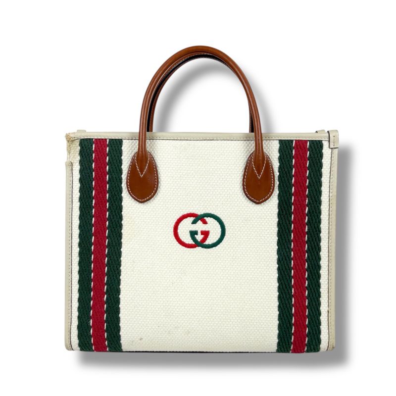 Gucci Interlocking Logo Embroidery 2WAY Tote Bag Shoulder Bag Sherry Line Ivory