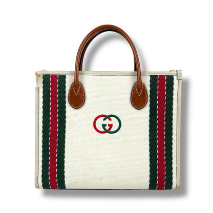 Gucci Interlocking Logo Embroidery 2WAY Tote Bag Shoulder Bag Sherry Line Ivory