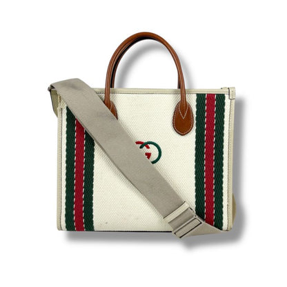 Gucci Interlocking Logo Embroidery 2WAY Tote Bag Shoulder Bag Sherry Line Ivory