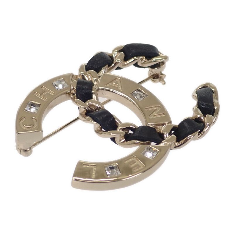 Chanel Coco Mark Brooch Metal Leather Crystal Gold B19S Ladies Accessory Gift