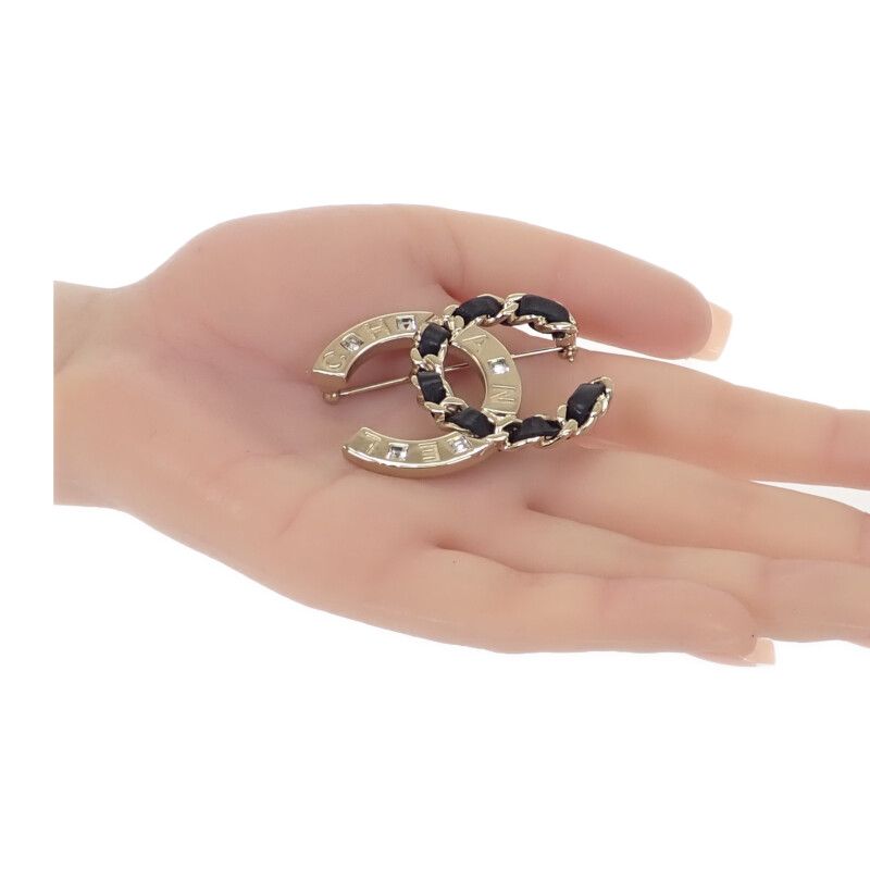 Chanel Coco Mark Brooch Metal Leather Crystal Gold B19S Ladies Accessory Gift