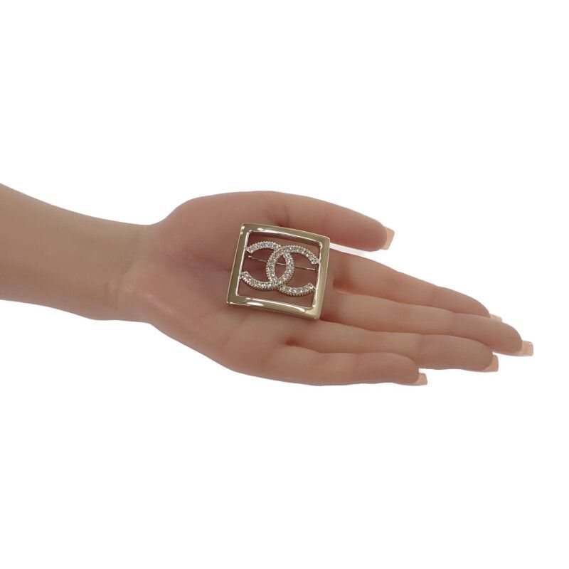 Chanel CC Square A23P Engraved Brooch Metal Crystal Gold Ladies Men [A Grade