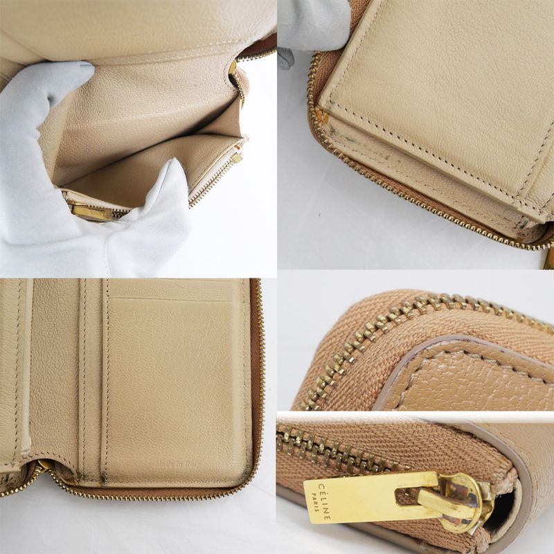 Celine Medium Zip Wallet Beige Brown Zipper Type Bifold Wallet Women's