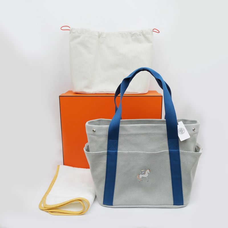 Hermes Cabrio Mother's Bag Blue Nattier Toile Ash Tote Bag Canvas -