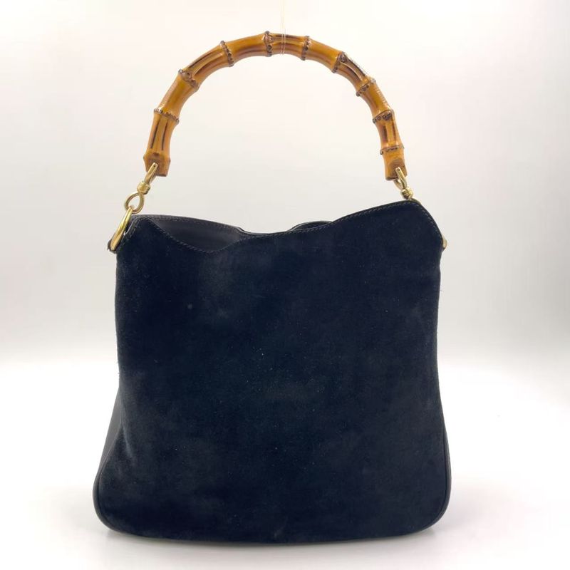 Gucci Bamboo Shoulder Bag Suede Black Handbag Gold 0012058