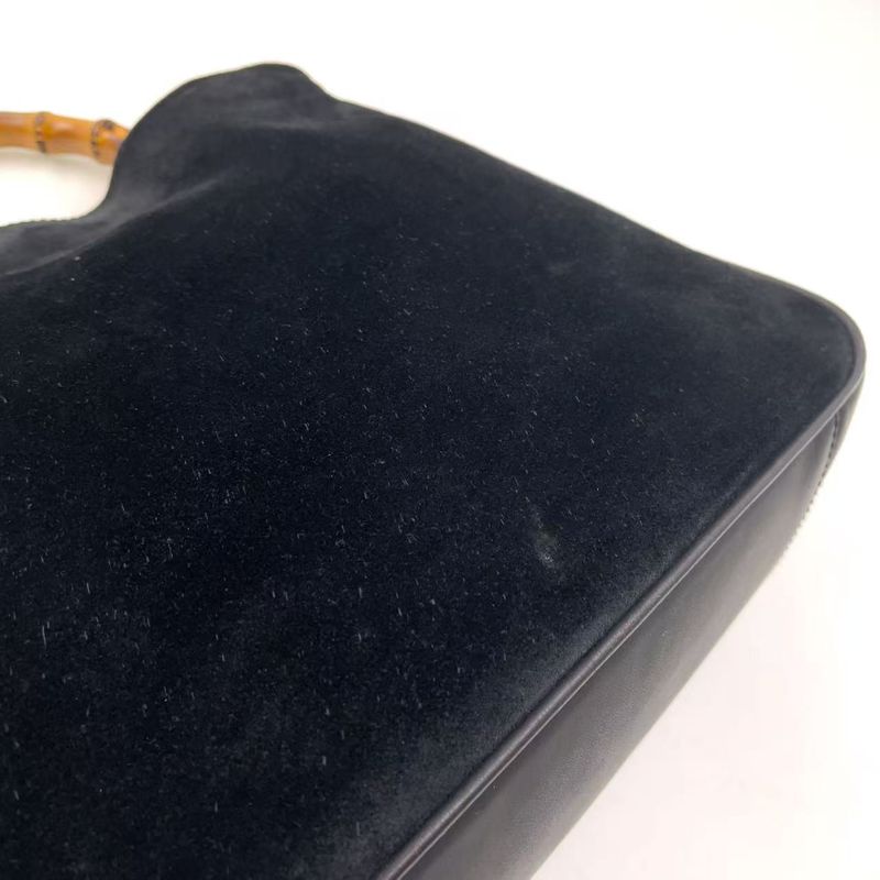 Gucci Bamboo Shoulder Bag Suede Black Handbag Gold 0012058