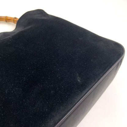 Gucci Bamboo Shoulder Bag Suede Black Handbag Gold 0012058