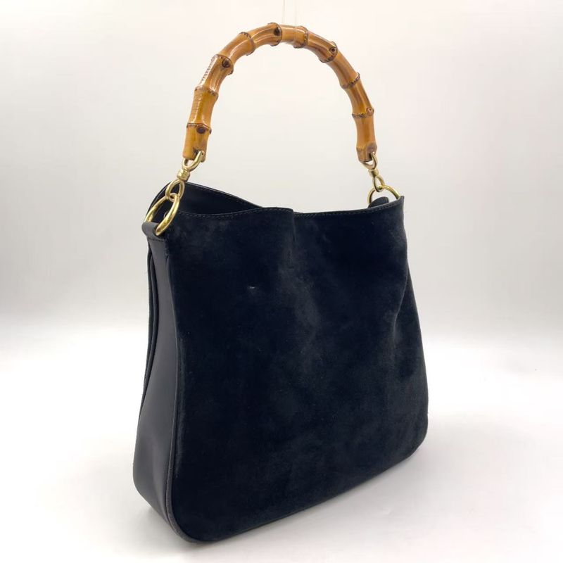 Gucci Bamboo Shoulder Bag Suede Black Handbag Gold 0012058