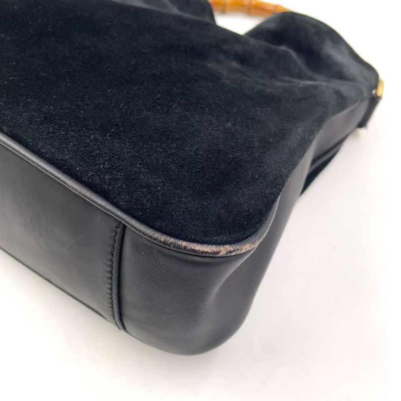 Gucci Bamboo Shoulder Bag Suede Black Handbag Gold 0012058