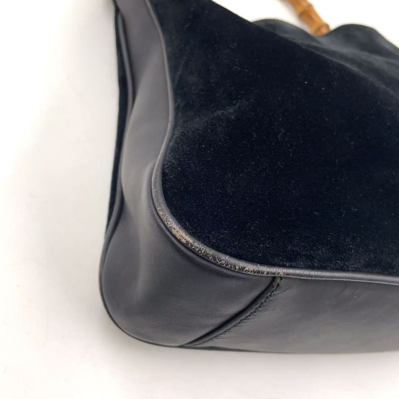 Gucci Bamboo Shoulder Bag Suede Black Handbag Gold 0012058