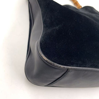 Gucci Bamboo Shoulder Bag Suede Black Handbag Gold 0012058