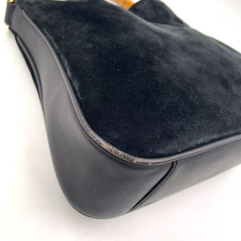 Gucci Bamboo Shoulder Bag Suede Black Handbag Gold 0012058