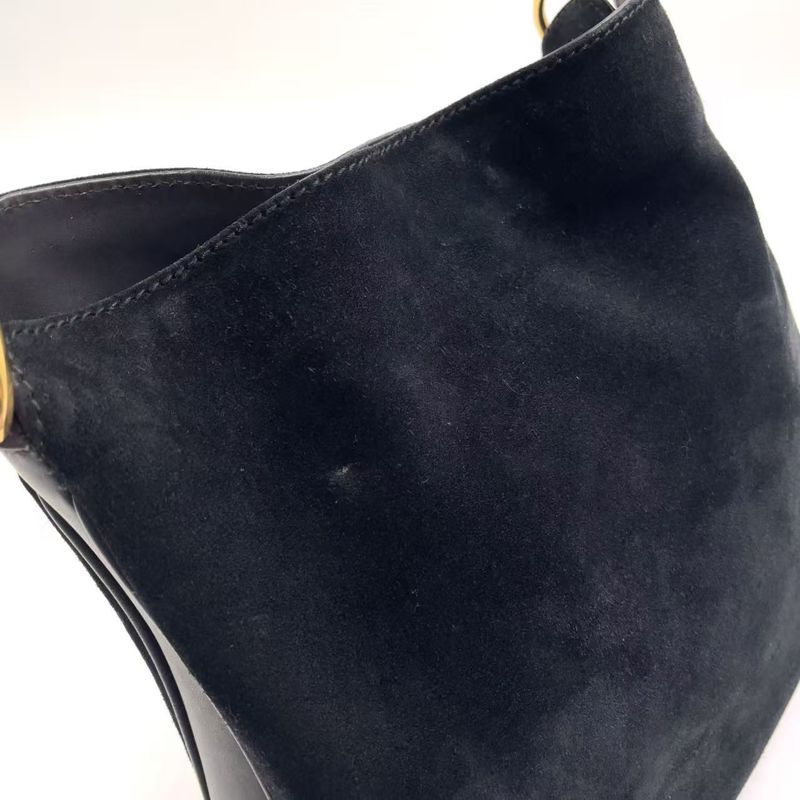 Gucci Bamboo Shoulder Bag Suede Black Handbag Gold 0012058