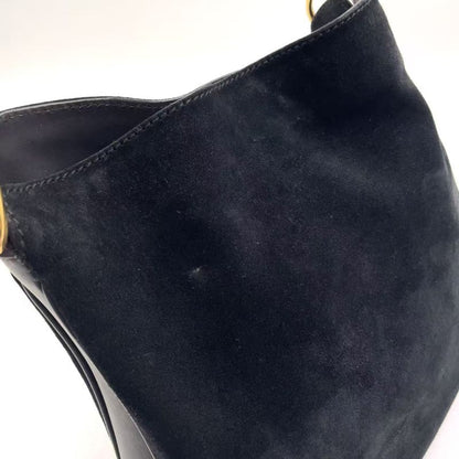 Gucci Bamboo Shoulder Bag Suede Black Handbag Gold 0012058