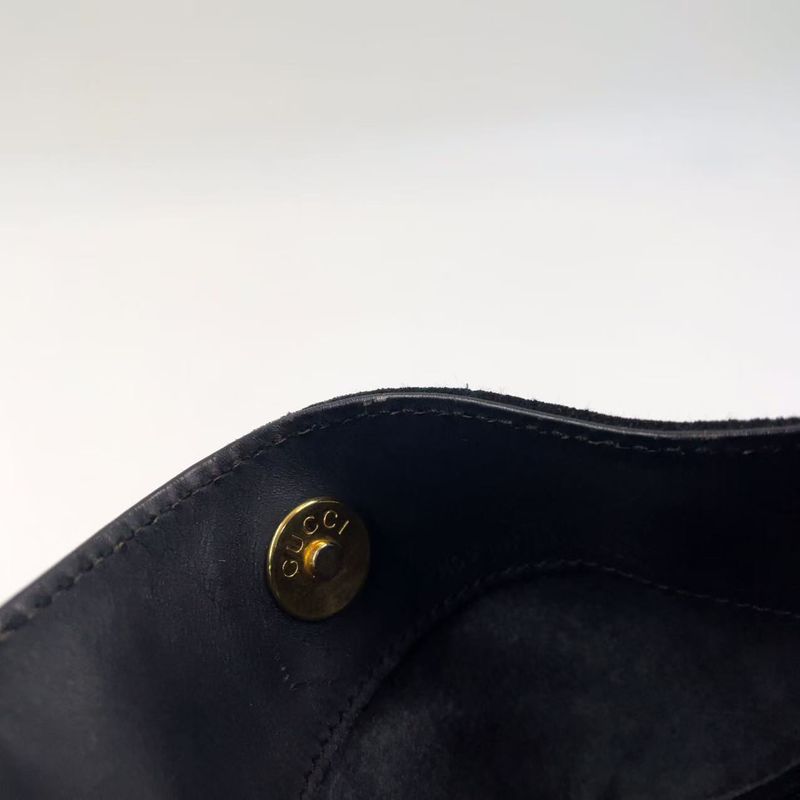 Gucci Bamboo Shoulder Bag Suede Black Handbag Gold 0012058