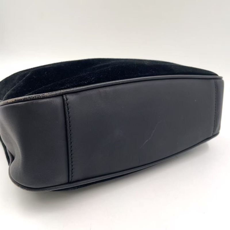 Gucci Bamboo Shoulder Bag Suede Black Handbag Gold 0012058